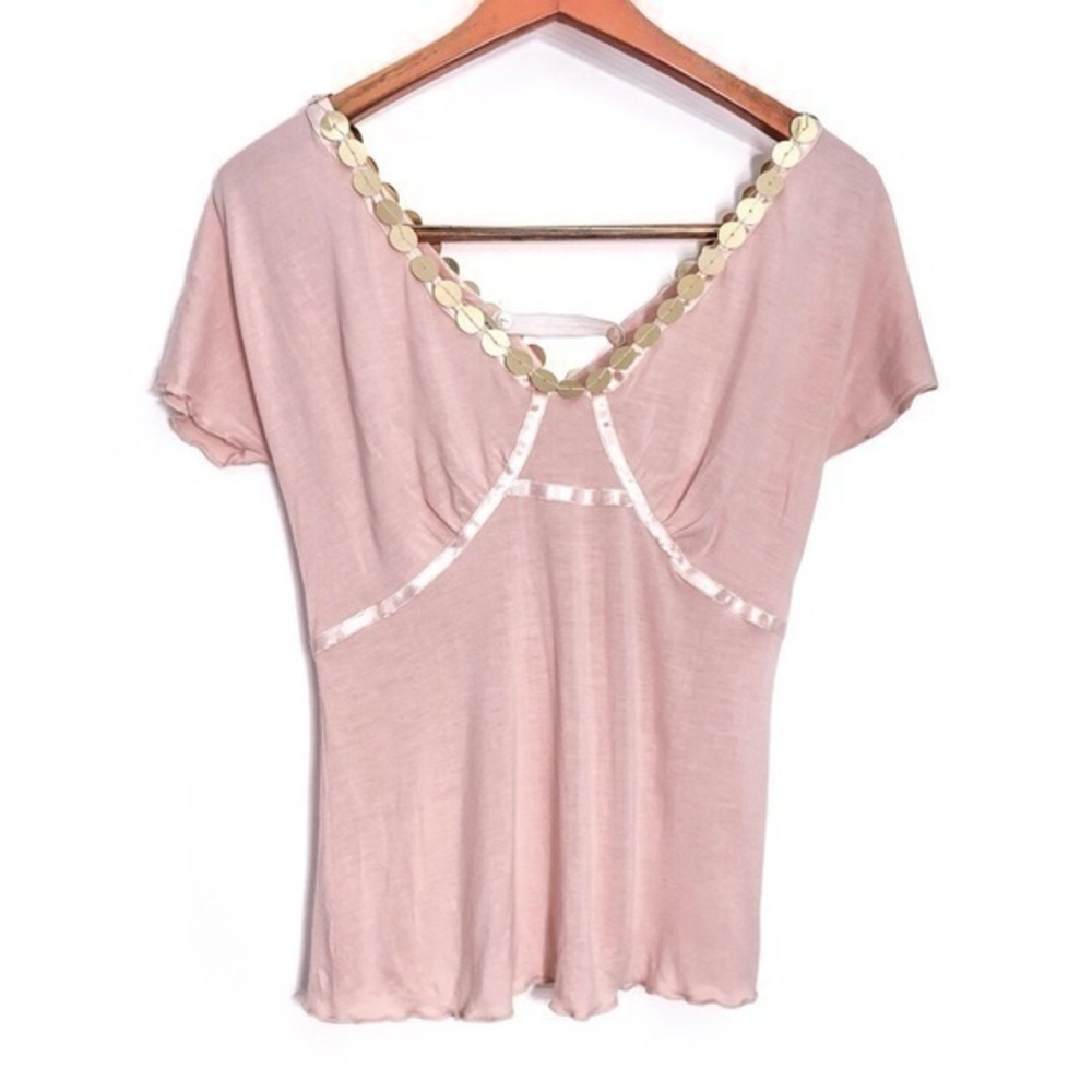 See By Chloe Pale Pink Short Sleeve Blouse with Gold Disc Trim